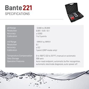 Bante 221 Portable pH ORP Meter | Handheld pH Meter | Equipped with pH and ORP Electrodes | Accuracy ±0.002 pH, ±0.2 mV | 500 Sets of Data Storage