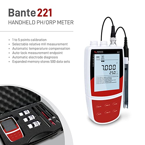 Bante 221 Portable pH ORP Meter | Handheld pH Meter | Equipped with pH and ORP Electrodes | Accuracy ±0.002 pH, ±0.2 mV | 500 Sets of Data Storage