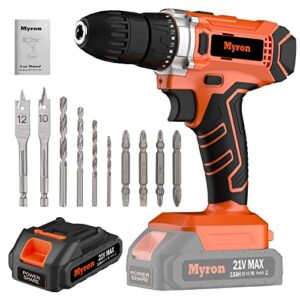 Myron 21V Cordless Drill Set, Power Drill Kit with 2Ah Li-Ion Battery & Charger, 3/8-Inch Keyless Chuck, 320In-lbs Torque, 2 Variable Speed, 18+1 Position, 0-1500RMP Variable Speed, Built-in LED Light