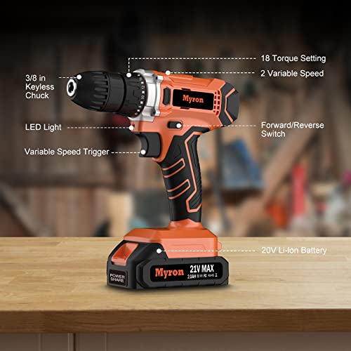 Myron 21V Cordless Drill Set, Power Drill Kit with 2Ah Li-Ion Battery & Charger, 3/8-Inch Keyless Chuck, 320In-lbs Torque, 2 Variable Speed, 18+1 Position, 0-1500RMP Variable Speed, Built-in LED Light