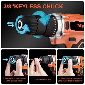 Myron 21V Cordless Drill Set, Power Drill Kit with 2Ah Li-Ion Battery & Charger, 3/8-Inch Keyless Chuck, 320In-lbs Torque, 2 Variable Speed, 18+1 Position, 0-1500RMP Variable Speed, Built-in LED Light