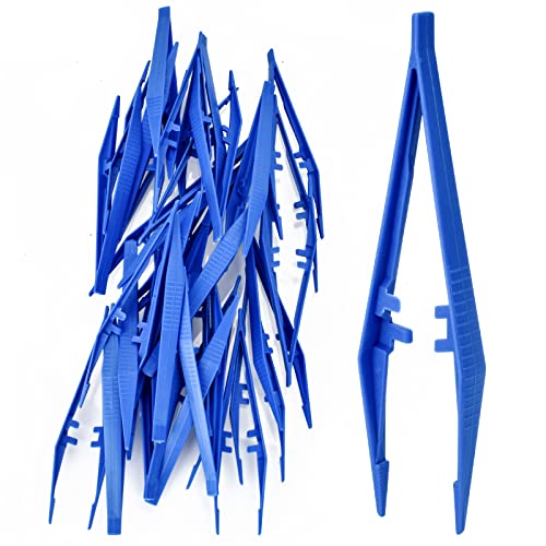 AccEncyc 30 Pcs DisposableTweezers Bulk Pack Blue 5 Inch Plastic Tweezers for Home, School and Lab