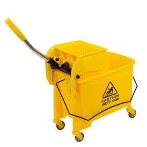 Commercial Mop Bucket on Wheels, 5.28 Gallon Side Press Wringer Combo Commercial Home Cleaning Cart with Wringer, All-in-One Tandem Mopping Bucket, Yellow