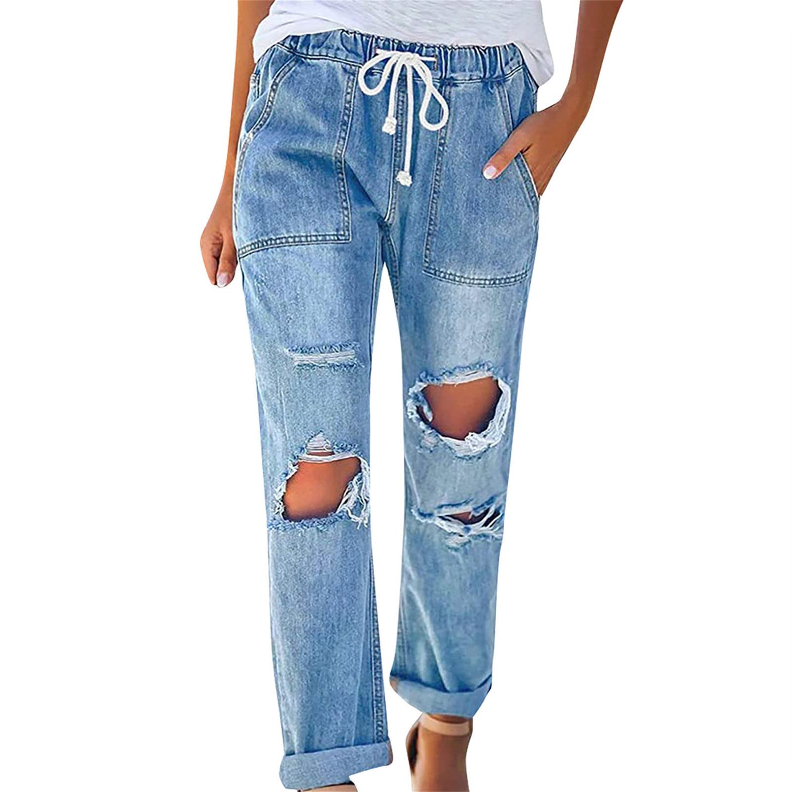 Maiyifu-GJ Women Pull On Distressed Denim Joggers Drawstring Elastic Waist Ripped Stretch Jeans Hole High Waist Stretch Pants (Blue,Small)