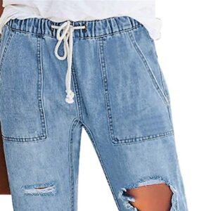 Maiyifu-GJ Women Pull On Distressed Denim Joggers Drawstring Elastic Waist Ripped Stretch Jeans Hole High Waist Stretch Pants (Blue,Small)