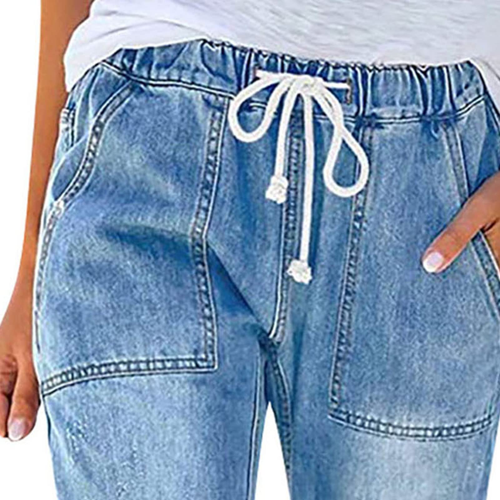 Maiyifu-GJ Women Pull On Distressed Denim Joggers Drawstring Elastic Waist Ripped Stretch Jeans Hole High Waist Stretch Pants (Blue,Small)