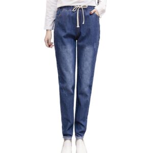 maiyifu-gj womens elastic waist denim joggers jeans casual distressed drawstring stretch jeans skinny workout jean trousers (blue,small)