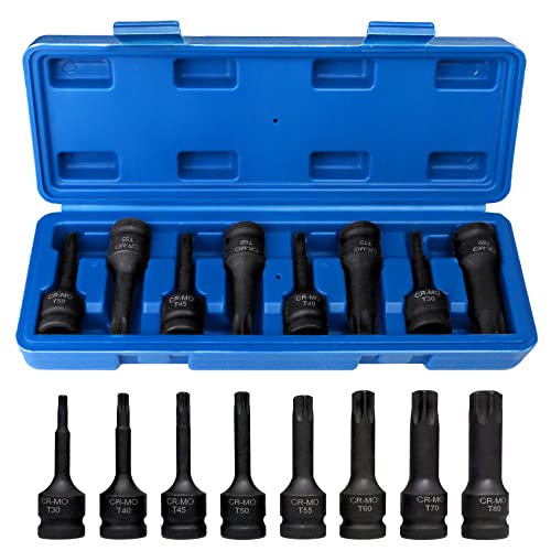 Impact Torx Socket Set 8 Pieces, T30 T40 T45 T50 T55 T60 T70 T80 Cr-Mo Impact Grade, 1/2" Drive Torx Bit Socket Set with Case