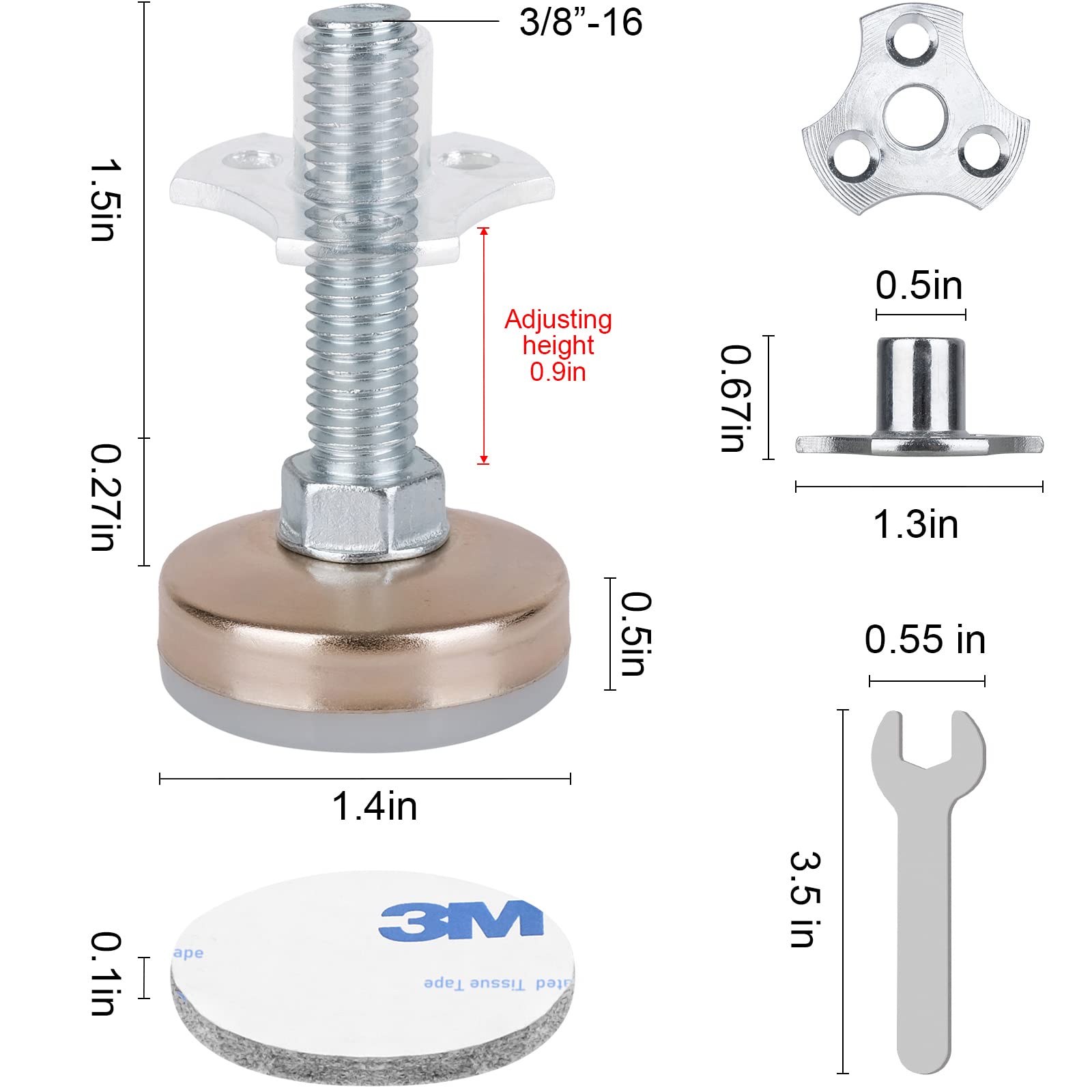 Heavy Duty Furniture Levelers 3/8''-16 Thread w/ T-Nut Kit Furniture Leveling Feet Adjustable Furniture Levelers for Tables,Cabinets,Chairs,Workbench,Sofa and More,Large Base Supports 1320LBs-Set of 4