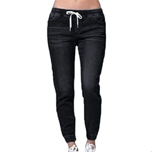 maiyifu-gj women's elastic waist denim joggers jeans casual drawstring stretch jeans skinny workout jean trousers leggings (black 1,xx-large)