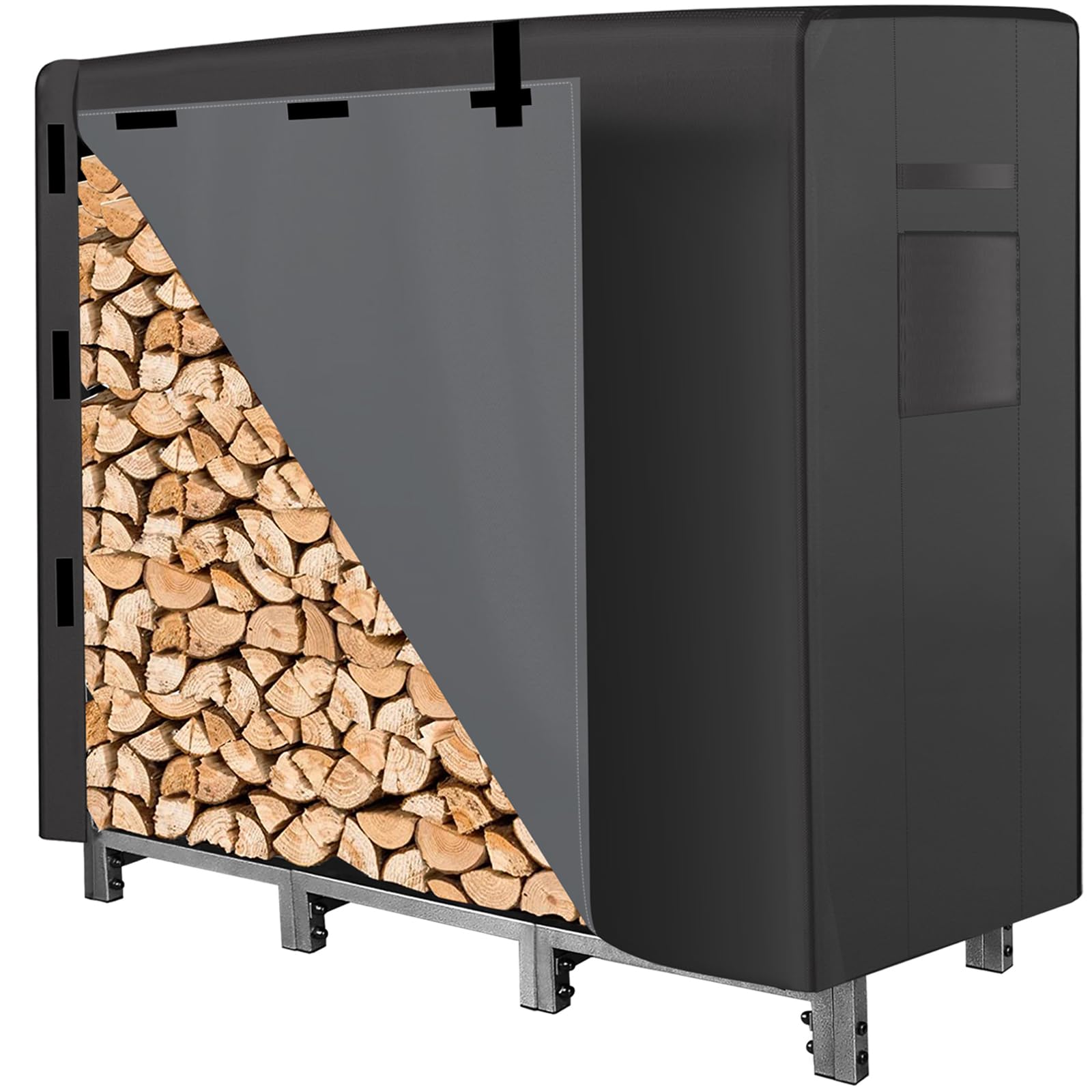 FOSKU Heavy Duty 4ft Firewood Rack, Rust Resistant Steel, Large Capacity, 8 Legs, Prevent Tipping Locks, Floor Protectors, Keeps Logs Dry