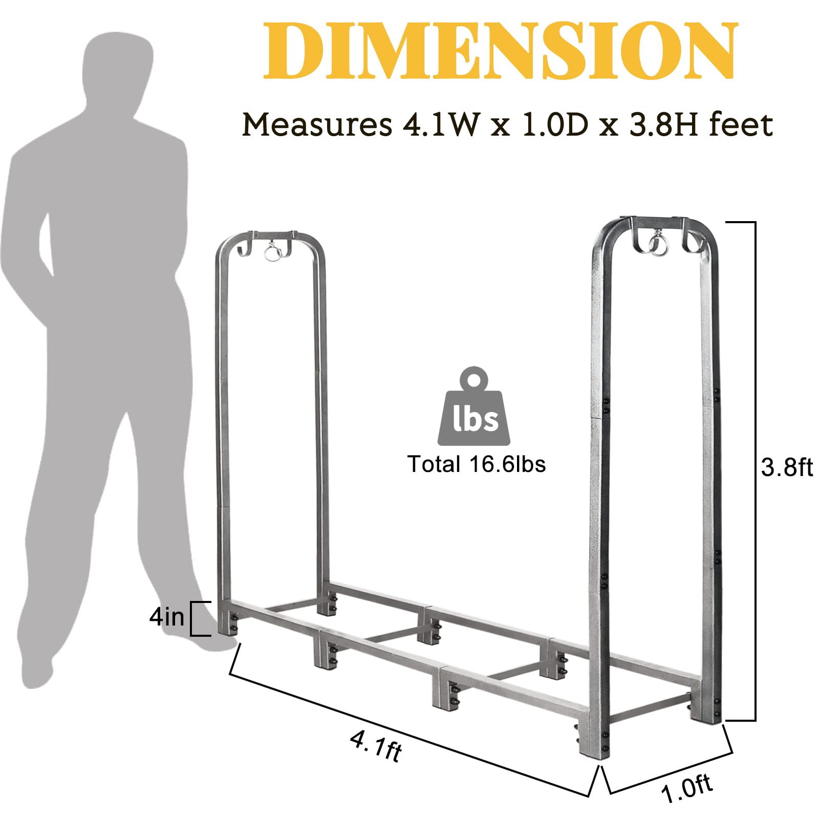 FOSKU Heavy Duty 4ft Firewood Rack, Rust Resistant Steel, Large Capacity, 8 Legs, Prevent Tipping Locks, Floor Protectors, Keeps Logs Dry