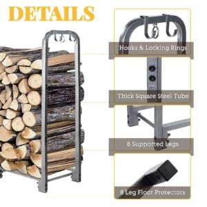 FOSKU Heavy Duty 4ft Firewood Rack, Rust Resistant Steel, Large Capacity, 8 Legs, Prevent Tipping Locks, Floor Protectors, Keeps Logs Dry