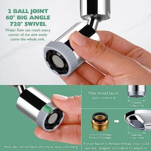 Swivel Kitchen Faucet Aerator, 3 Spray Models Faucet Sprayer Attachment, Faucet Nozzle 55/64-27UNS Famale Thread, Male Thread Adapter included, Faucet Aerator Chrome