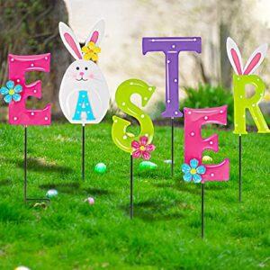 lulu home easter yard sign, 6 pieces metal easter bunny garden stakes, adorable colorful easter spelling letters stakes for courtyard spring lawn holiday outdoor decorations