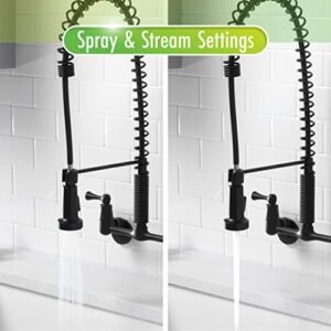 Tosca 255-K821-MB-T Upgraded Dual Handle Commercial Style Wall Mount Kitchen Faucet with Pull Down Nozzle, Matte Black