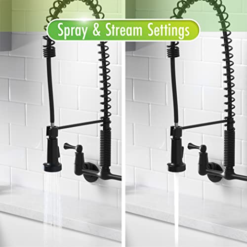 Tosca 255-K821-MB-T Upgraded Dual Handle Commercial Style Wall Mount Kitchen Faucet with Pull Down Nozzle, Matte Black