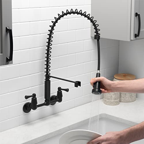 Tosca 255-K821-MB-T Upgraded Dual Handle Commercial Style Wall Mount Kitchen Faucet with Pull Down Nozzle, Matte Black