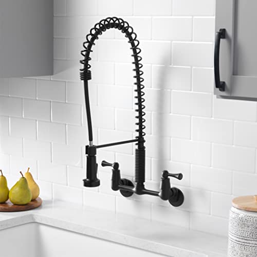 Tosca 255-K821-MB-T Upgraded Dual Handle Commercial Style Wall Mount Kitchen Faucet with Pull Down Nozzle, Matte Black