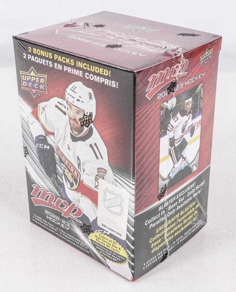 2022-23 NHL UPPER DECK MVP Hockey Factory Sealed Blaster Box 90 Cards 15 Packs of 6 Cards per Pack. Produced by Upper Deck. Look for Gold Script Parallels and Rookies