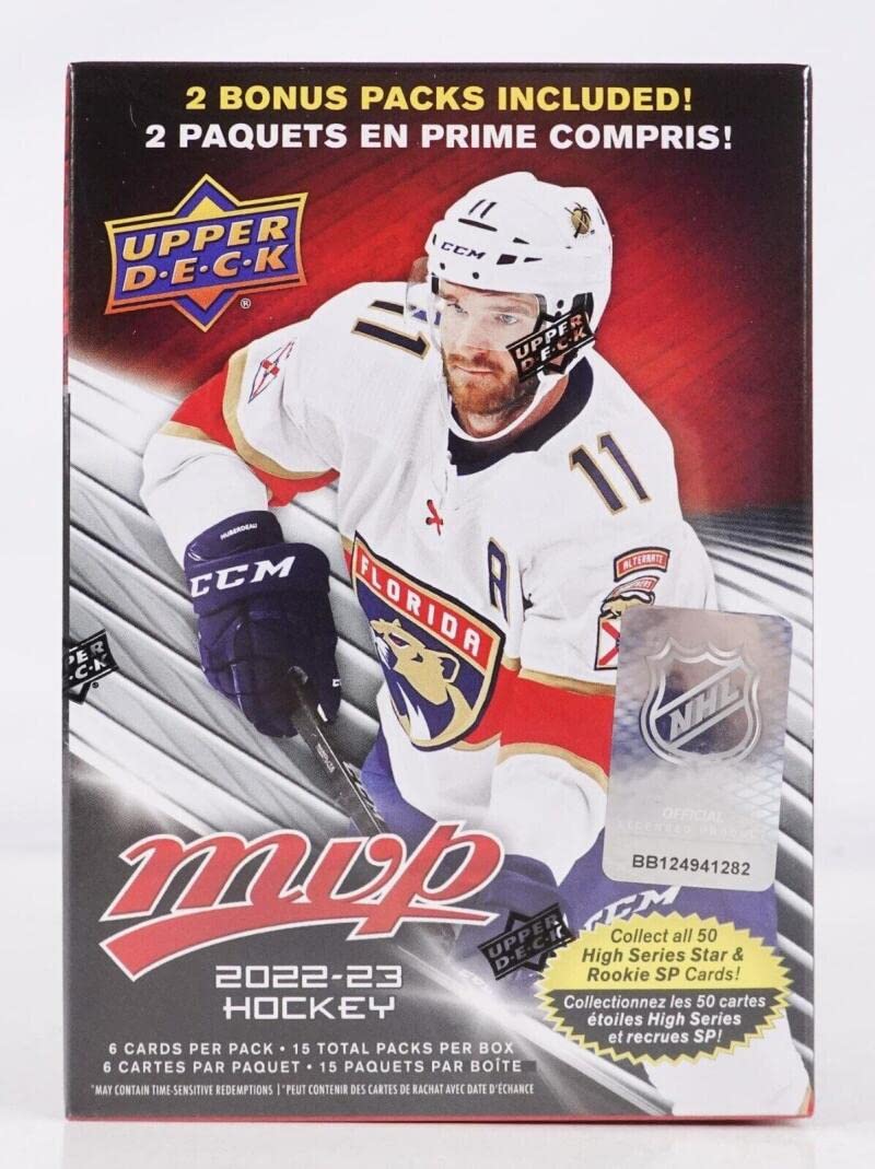 2022-23 NHL UPPER DECK MVP Hockey Factory Sealed Blaster Box 90 Cards 15 Packs of 6 Cards per Pack. Produced by Upper Deck. Look for Gold Script Parallels and Rookies