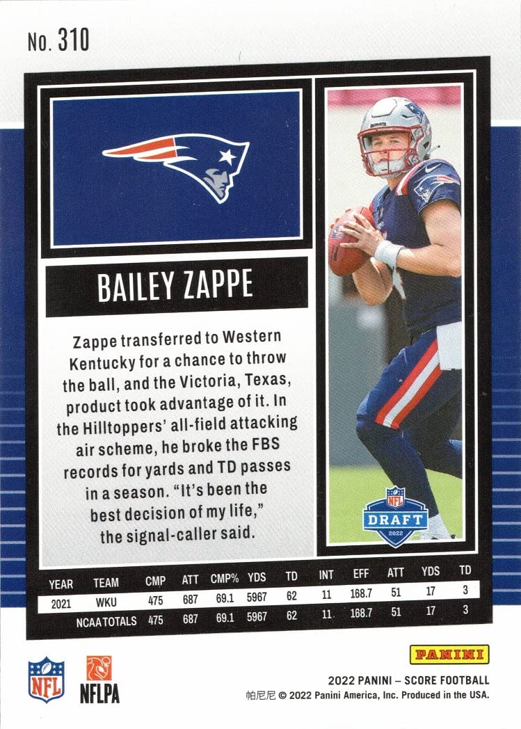 2022 Panini Score Football #310 Bailey Zappe Rookie Card Patriots