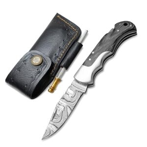 conectax handmade damascus pocket knife 6.5'' - sharp core folding knife with liner lock - damascus knife with sharpener and leather sheath - for hunting, outdoor survival, camping - damascus hunting knife - gift for men, husband, boyfriend