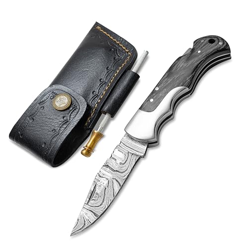 CONECTAX Handmade Damascus Pocket Knife 6.5'' - Sharp Core Folding Knife with Liner Lock - Damascus Knife with Sharpener and Leather Sheath - For Hunting, Outdoor Survival, Camping - Damascus Hunting Knife - Gift for Men, Husband, Boyfriend