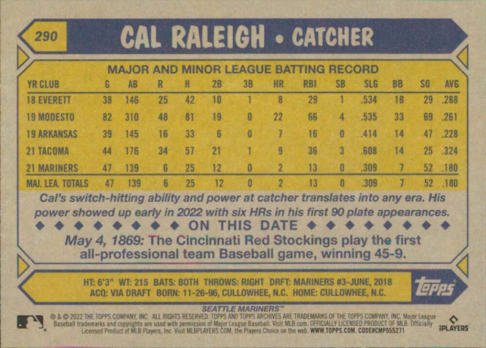 2022 Topps Archives #290 Cal Raleigh 1987 Topps NM-MT RC Rookie Seattle Mariners Baseball