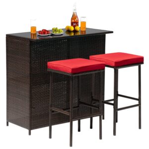 fdw outdoor furniture set wicker bistro set 3pcs patio bar set with two stools for patio backyard balcony,red cushion