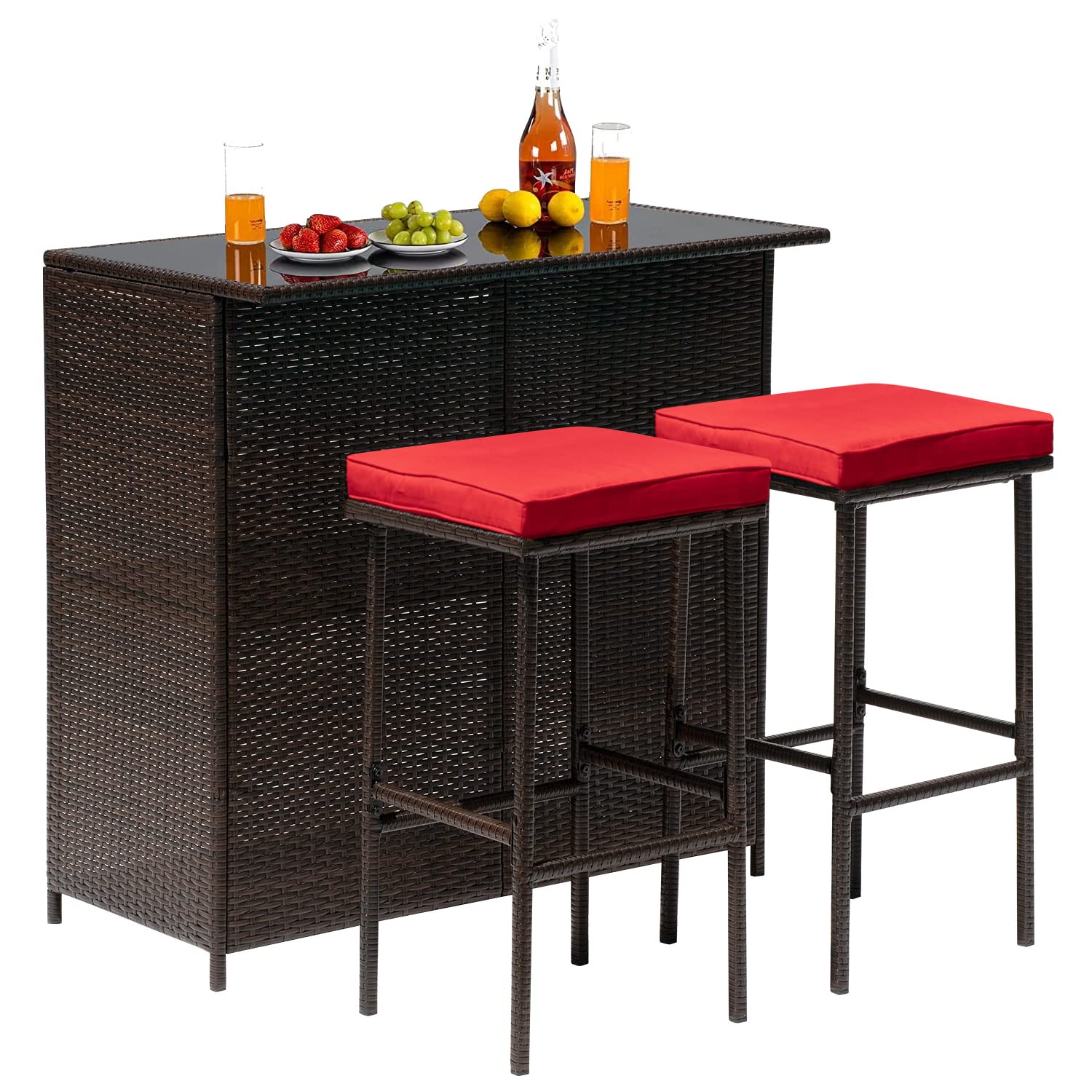 FDW Outdoor Furniture Set Wicker Bistro Set 3PCS Patio Bar Set with Two Stools for Patio Backyard Balcony,Red Cushion