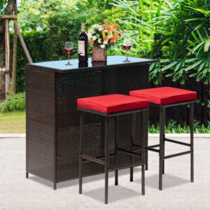 FDW Outdoor Furniture Set Wicker Bistro Set 3PCS Patio Bar Set with Two Stools for Patio Backyard Balcony,Red Cushion