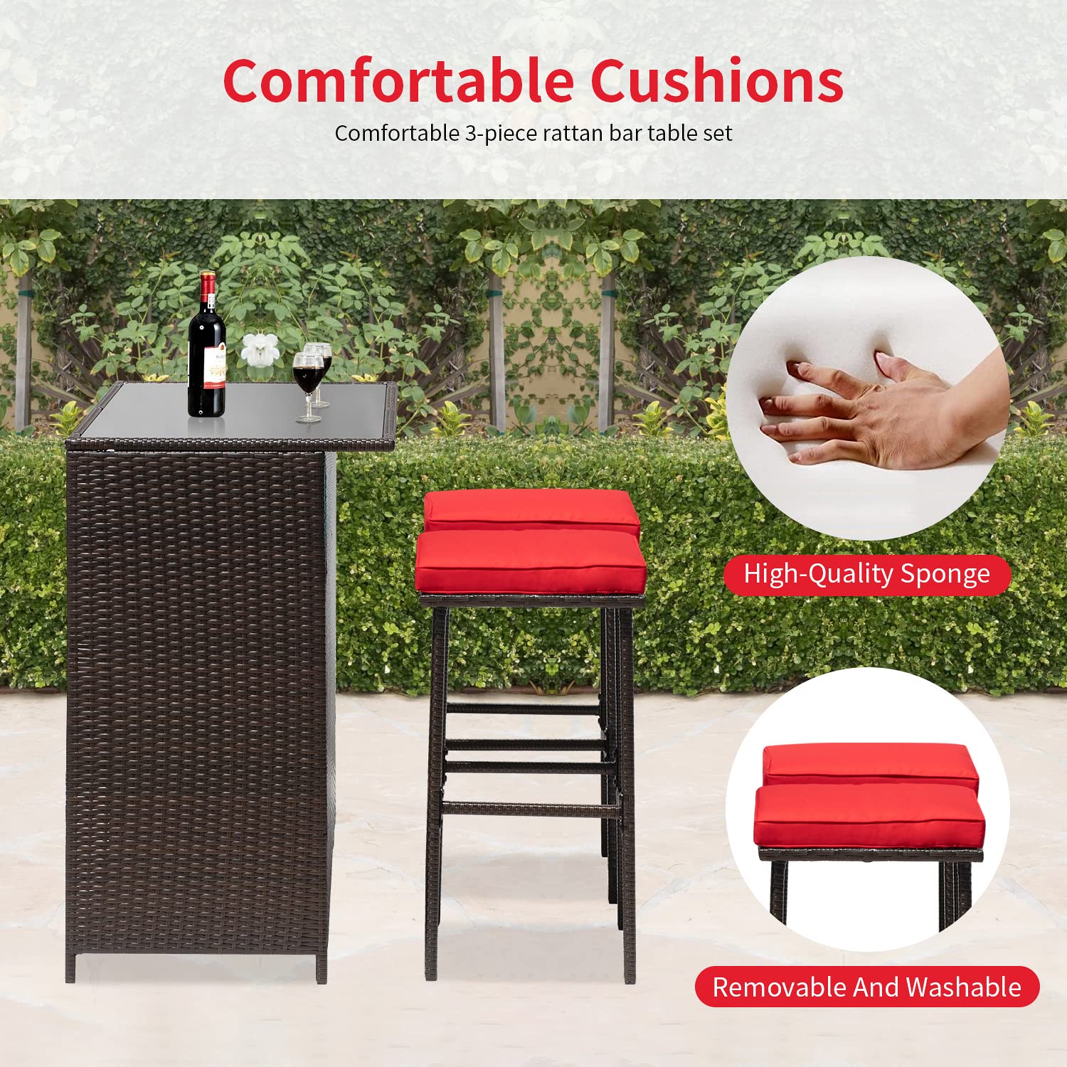 FDW Outdoor Furniture Set Wicker Bistro Set 3PCS Patio Bar Set with Two Stools for Patio Backyard Balcony,Red Cushion