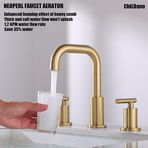 8 inch Widespread Bathroom Faucet with Drain and Supply Hose, 2 Handles Brushed Gold Bathroom Faucet for Sink 3 Hole, ChiLDano Bathroom Faucet Gold CH3166BG