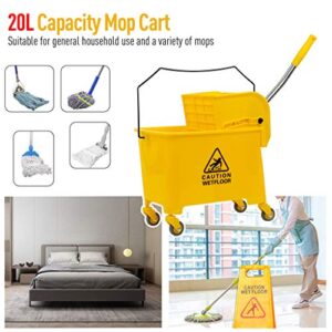 Commercial Mop Bucket on Wheels, 5.28 Gallon Side Press Wringer Combo Commercial Home Cleaning Cart with Wringer, All-in-One Tandem Mopping Bucket, Yellow Color