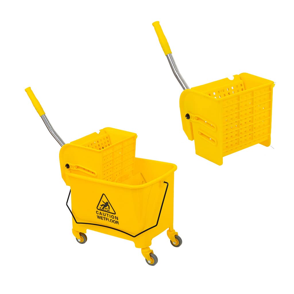 Mop Bucket & Side Wringer Combo, Heavy Duty & Commercial Janitorial Cart Spring Wringer on Wheels for Home & Industrial Cleaning Commercial Mop Bucket for Business, Yellow