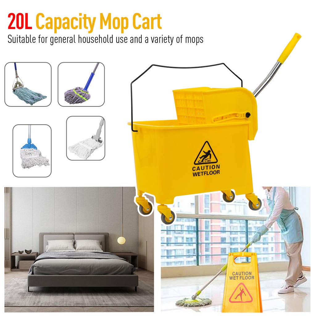 Mop Bucket & Side Wringer Combo, Heavy Duty & Commercial Janitorial Cart Spring Wringer on Wheels for Home & Industrial Cleaning Commercial Mop Bucket for Business, Yellow