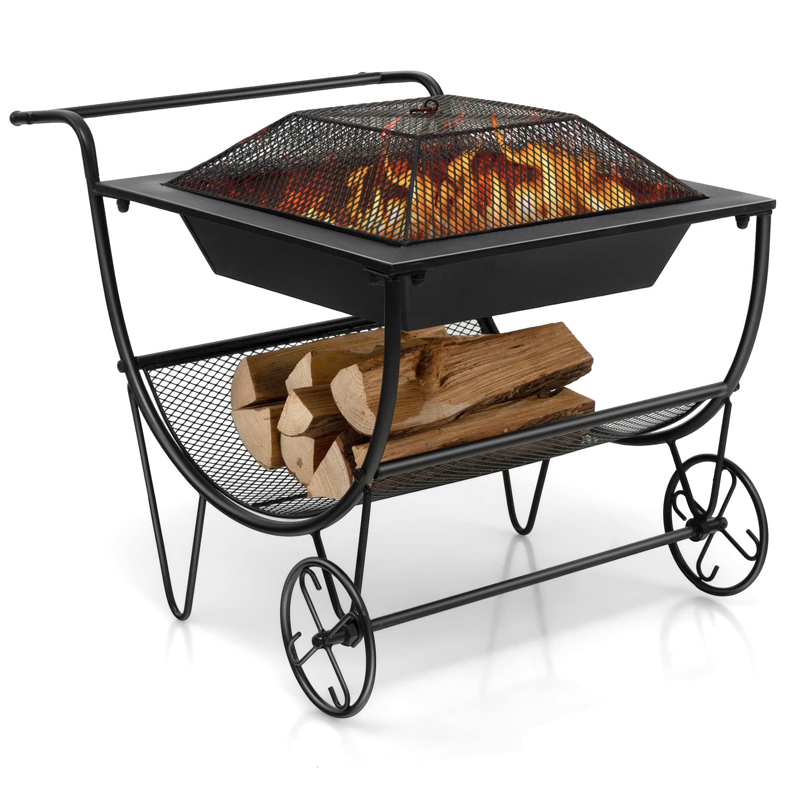 Tangkula Outdoor Fire Pit with Wheels and Firewood Log Rack, Patio Wood Burning Bonfire Pit with Storage Rack, Spark Screen, Portable Rolling Fire Pit Stove for Outside, Camping & Picnic