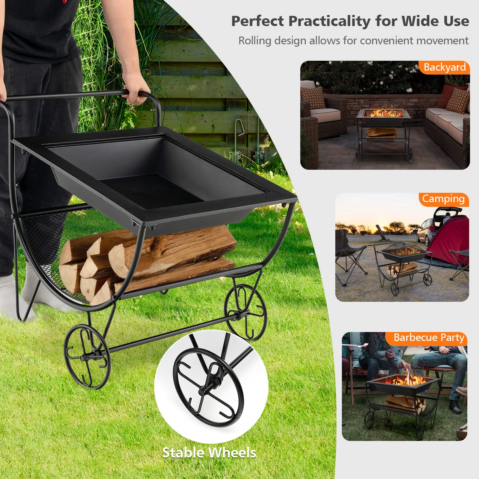 Tangkula Outdoor Fire Pit with Wheels and Firewood Log Rack, Patio Wood Burning Bonfire Pit with Storage Rack, Spark Screen, Portable Rolling Fire Pit Stove for Outside, Camping & Picnic
