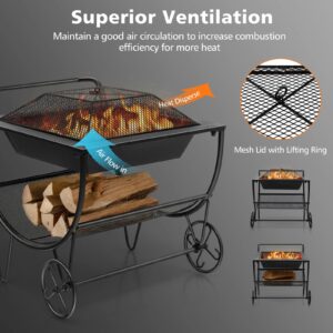 Tangkula Outdoor Fire Pit with Wheels and Firewood Log Rack, Patio Wood Burning Bonfire Pit with Storage Rack, Spark Screen, Portable Rolling Fire Pit Stove for Outside, Camping & Picnic