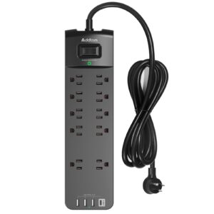 power strip - addtam surge protector with 10 outlets and 4 usb ports, 6 feet extension cord with flat plug, 2700 joules, etl listed, black