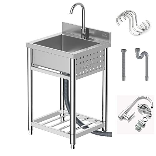 KENPIKO Utility Sink,Stainless Steel Sink,Outdoor Sink,Camping Sink,Laundry Room,Backyard, Garages,Free Standing Sink for Indoor Outdoor, with Storage Shelves&Drainer Unit Faucet Combo with Strainer