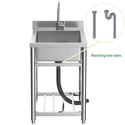 KENPIKO Utility Sink,Stainless Steel Sink,Outdoor Sink,Camping Sink,Laundry Room,Backyard, Garages,Free Standing Sink for Indoor Outdoor, with Storage Shelves&Drainer Unit Faucet Combo with Strainer