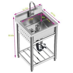 KENPIKO Utility Sink,Stainless Steel Sink,Outdoor Sink,Camping Sink,Laundry Room,Backyard, Garages,Free Standing Sink for Indoor Outdoor, with Storage Shelves&Drainer Unit Faucet Combo with Strainer