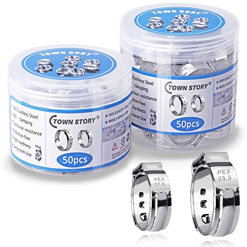 TOWN STORY PEX Hose Clamps, 100Pcs Pex Crimping Clamps,50Pcs 1/2 Inch and 50Pcs 3/4 Inch Pex Cinch Clamp 304 Stainless Steel, for PEX Tubing PEX Pipe Fitting Connections