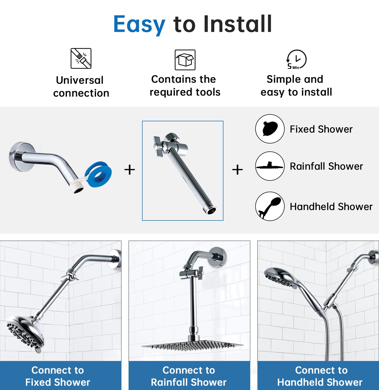 G-Promise Shower Head Extender, 6" Solid Brass Height/Angle Adjustable Shower Arm Extension with Single Locking Joint, Standard 1/2" Thread for Universal Shower Heads (6 inch, chrome)