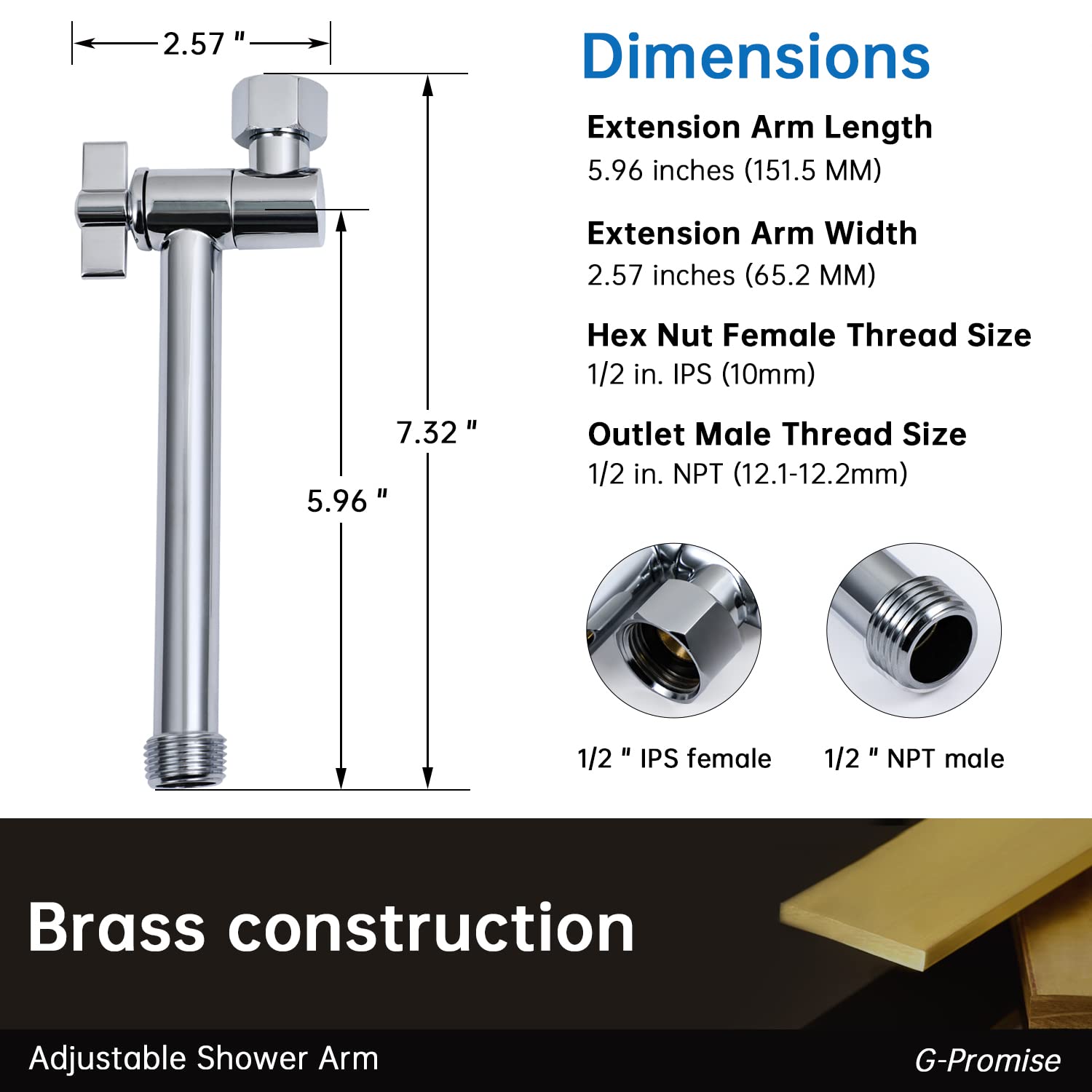 G-Promise Shower Head Extender, 6" Solid Brass Height/Angle Adjustable Shower Arm Extension with Single Locking Joint, Standard 1/2" Thread for Universal Shower Heads (6 inch, chrome)