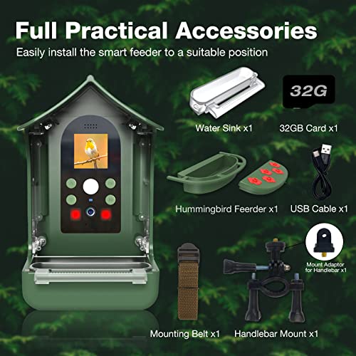 NUOTUN Smart Bird Feeder Camera with PIR Motion Detection - 1080P Auto Capture Photo&Video - Night Vision Bird House - with Hummingbird Feeder & Mounting Accessories - 32G Card