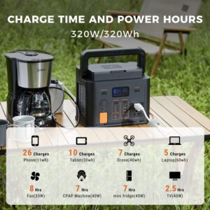 Green Power 320Wh Portable Power Station LiFePO4 Solar Generator With 2 AC Outlet 110V/320W Pure Sine Wave and Wireless Charging for Outdoors Camping Travel Hunting Home Emergency （Grade A Cells）