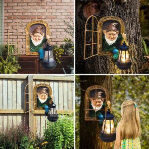 REYISO Whimsical Fairy Garden Gnomes with Solar Lights-10 Elf Out The Door Tree Hugger Garden Statues-Outdoor&Yard Decor-Tree Face Sculpture,Ideal Gnome Gifts - Yard Art for Patio,Fence,Wall